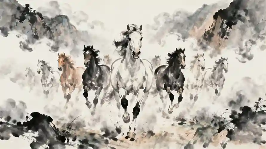 2k云雾壁纸-国画 - 奔马-山水「哲风壁纸」