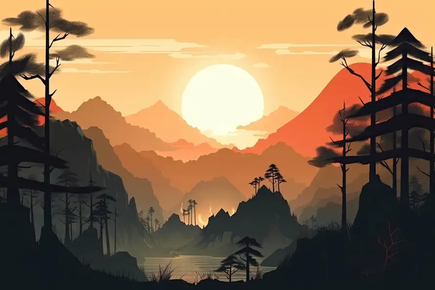 5k剪影壁纸-夕阳 - 宁静-山峦「哲风壁纸」