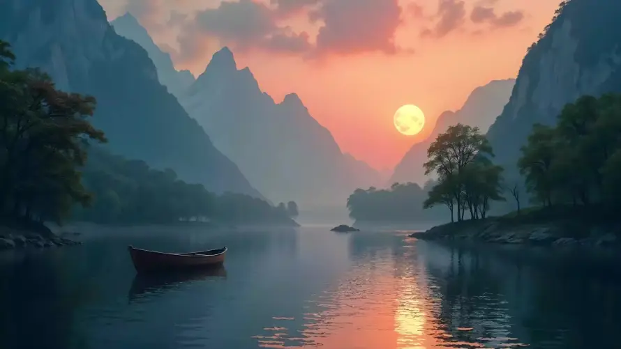 4k倒影壁纸-夕阳 - 孤舟-宁静「哲风壁纸」