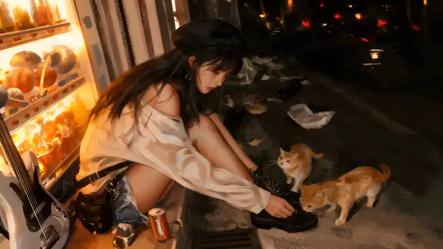 2k互动壁纸-夜晚 - 少女-橘猫「哲风壁纸」