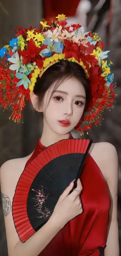 4k扇子壁纸 - 红扇 - 美女 - Ios「哲风壁纸」