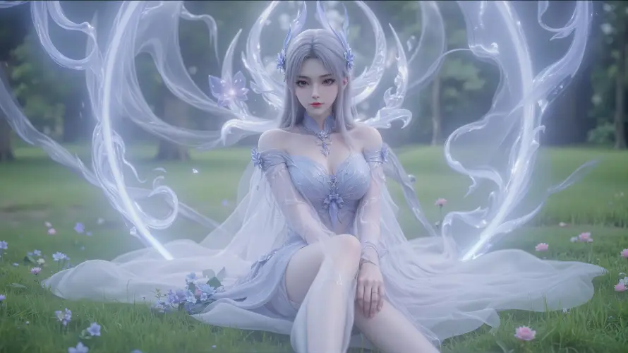 3k坐姿壁纸-梦幻 - 纱裙-花朵「哲风壁纸」