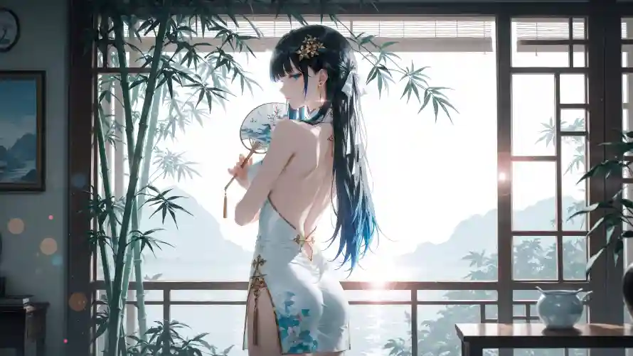 4k国风壁纸-持扇 - 白芷-竹林「哲风壁纸」