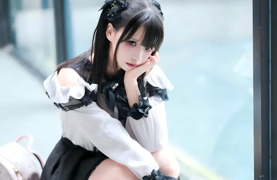 8k坐姿壁纸-甜美 - 窗边-美女「哲风壁纸」