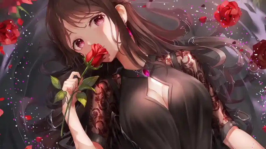 4k花瓣壁纸-长发 - 红玫瑰-动漫人物「哲风壁纸」