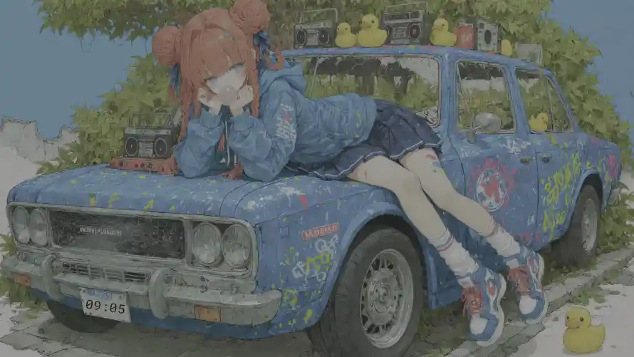 4k休闲壁纸-女孩 - 手绘-汽车「哲风壁纸」