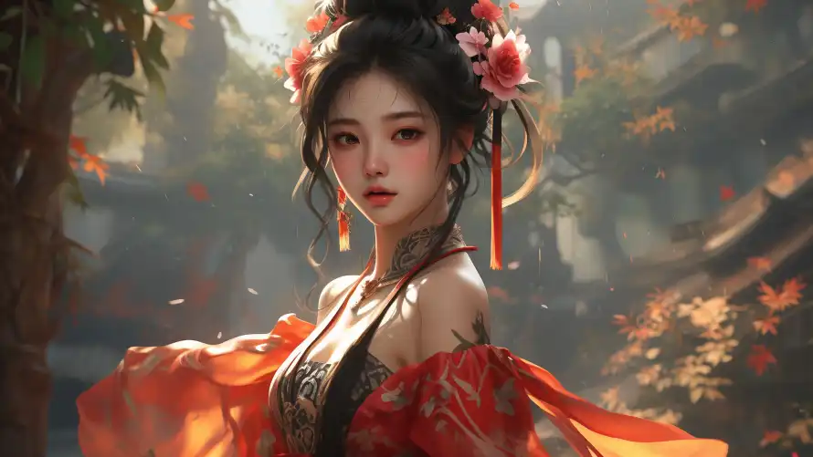 3k发饰壁纸-古风 - 秋景-红衣「哲风壁纸」