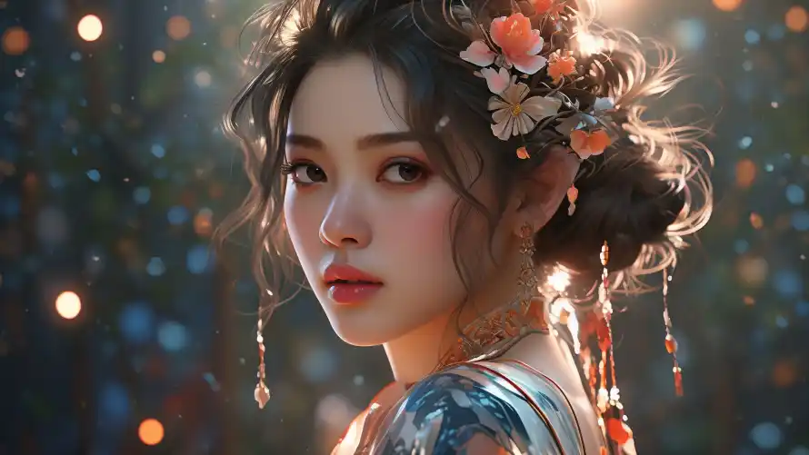 3kAI美女壁纸-中式发型 - 传统服饰-光斑背景「哲风壁纸」