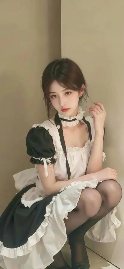 4k室内壁纸 - 红唇 - 美女 - 蹲姿「哲风壁纸」
