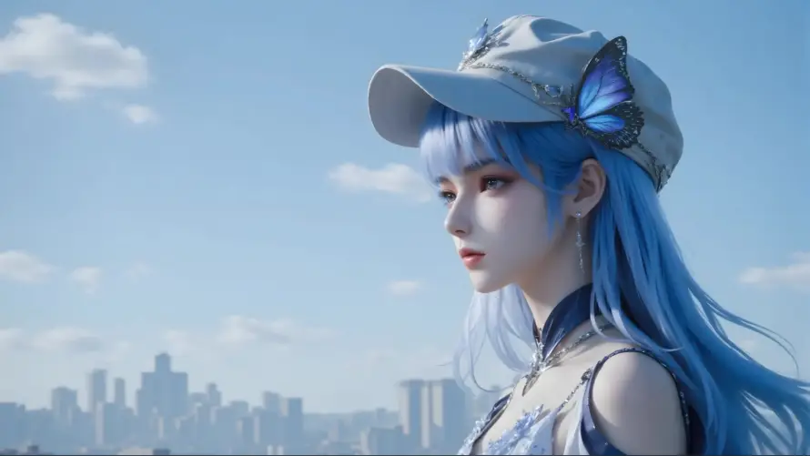 4k清新壁纸-美女 - 蓝发-蓝天「哲风壁纸」