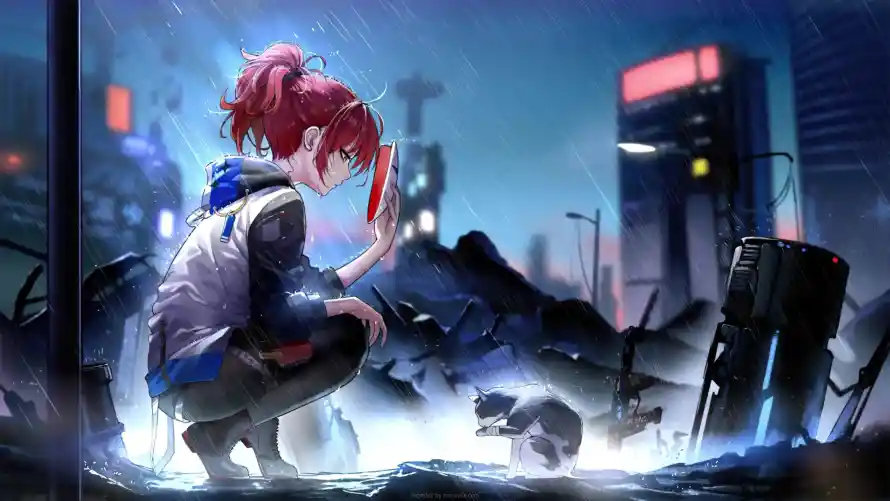 4k红发壁纸-蹲姿 - 雨夜-能天使「哲风壁纸」