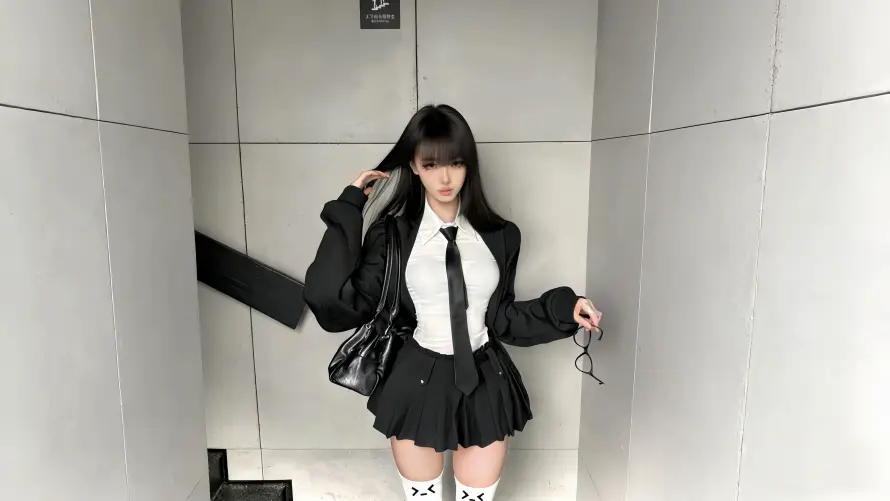 5k制服壁纸-白袜 - 美女-黑包「哲风壁纸」