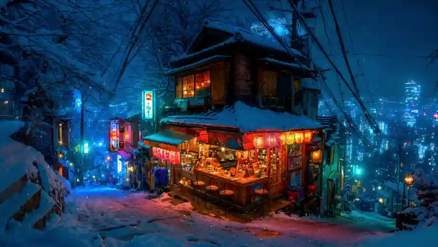 4k下雪壁纸-冬夜 - 夜晚-招牌「哲风壁纸」