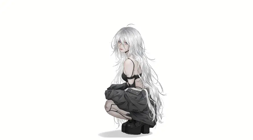 5kA2壁纸-女性 - 蹲姿-银发「哲风壁纸」