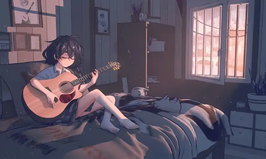 2k卧室壁纸-床 - 吉他-少女「哲风壁纸」