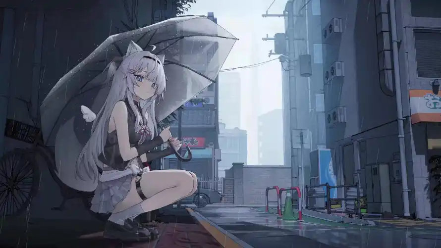 4k少女壁纸-撑伞 - 猫尾-猫耳「哲风壁纸」