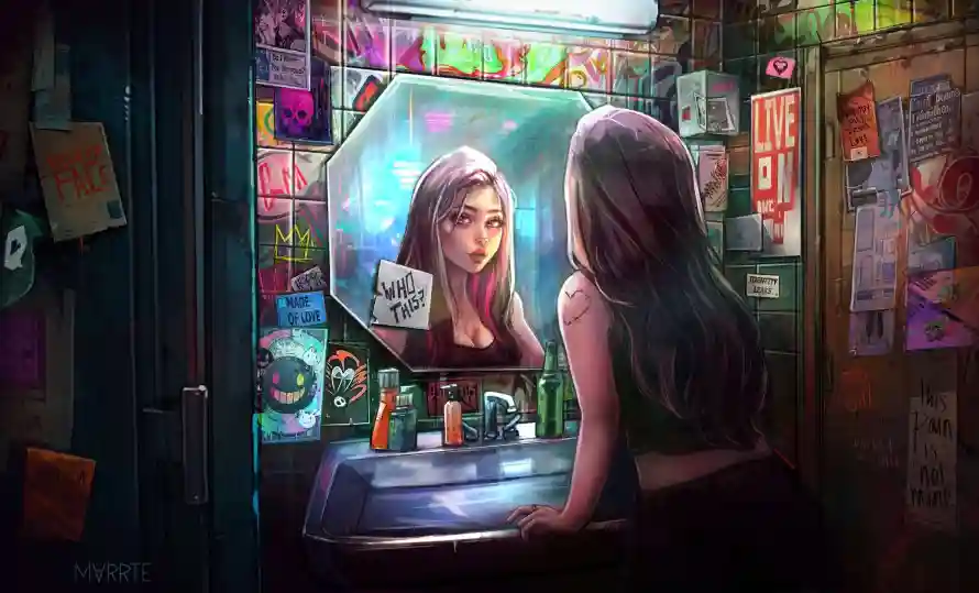 2k化妆壁纸-对镜 - 少女-插画「哲风壁纸」