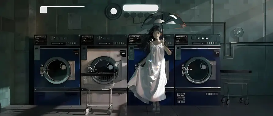 2k少女壁纸-撑伞 - 暗调-白裙「哲风壁纸」