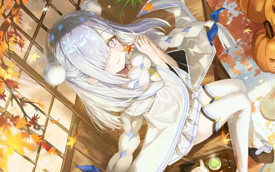 4k南瓜壁纸-少女 - 枫叶-白丝「哲风壁纸」