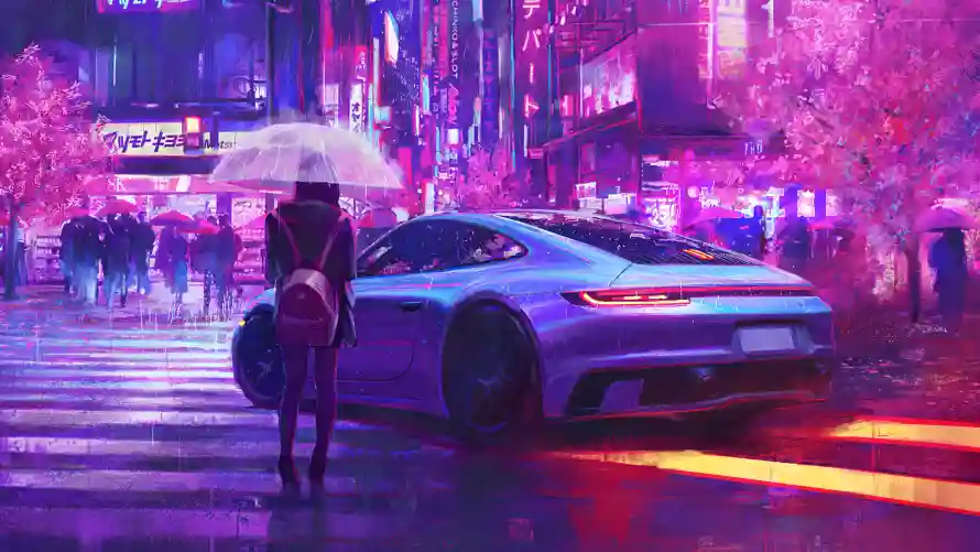 4k樱花壁纸-背包 - 跑车-雨夜「哲风壁纸」