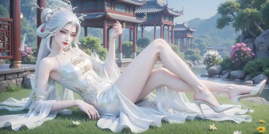 6k小白壁纸-狐女 - 白裙-绿草「哲风壁纸」