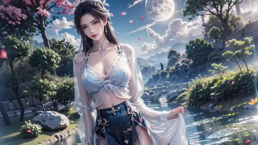 9k古风壁纸-国风 - 圆月-桃花「哲风壁纸」
