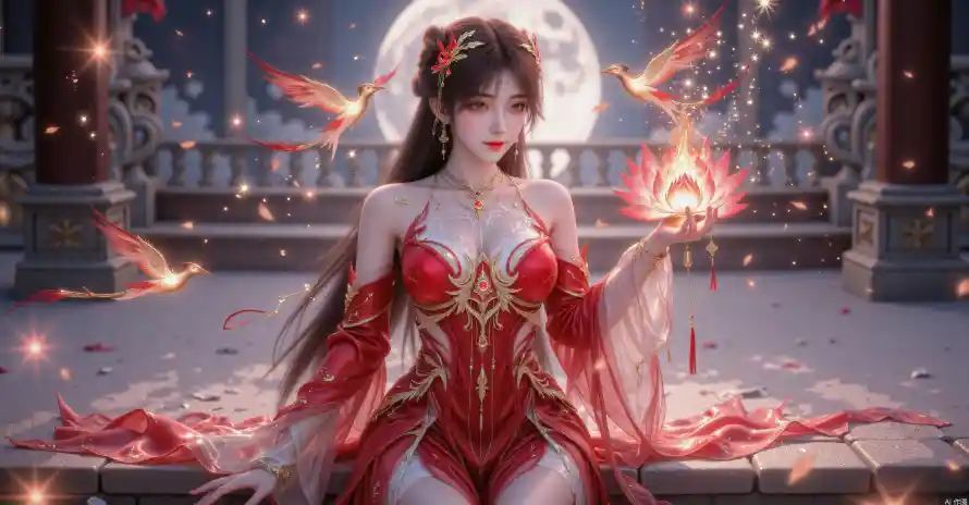 3k国风壁纸-圆月 - 火莲-灵鸟「哲风壁纸」