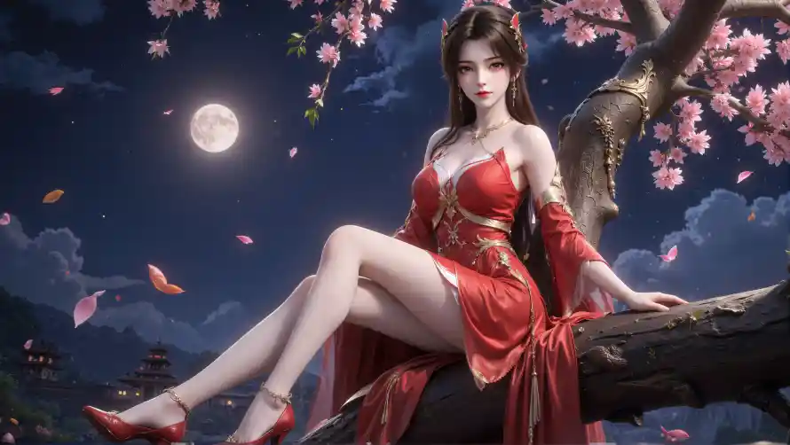 4k国风壁纸-圆月 - 月夜-桃花「哲风壁纸」