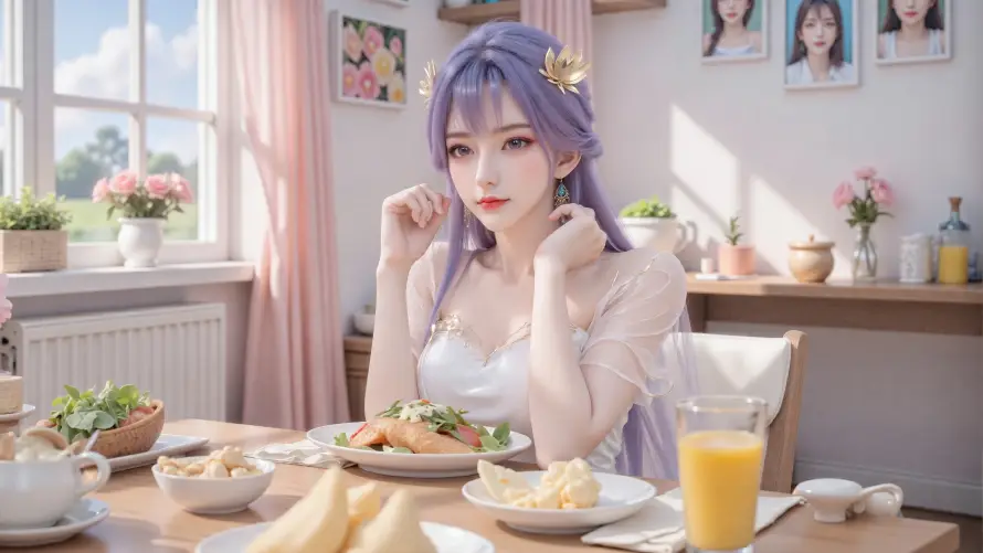 3k天穹壁纸-室内 - 少女-早餐「哲风壁纸」