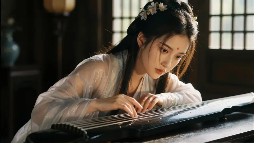 4k古琴壁纸-古风 - 室内-少女「哲风壁纸」