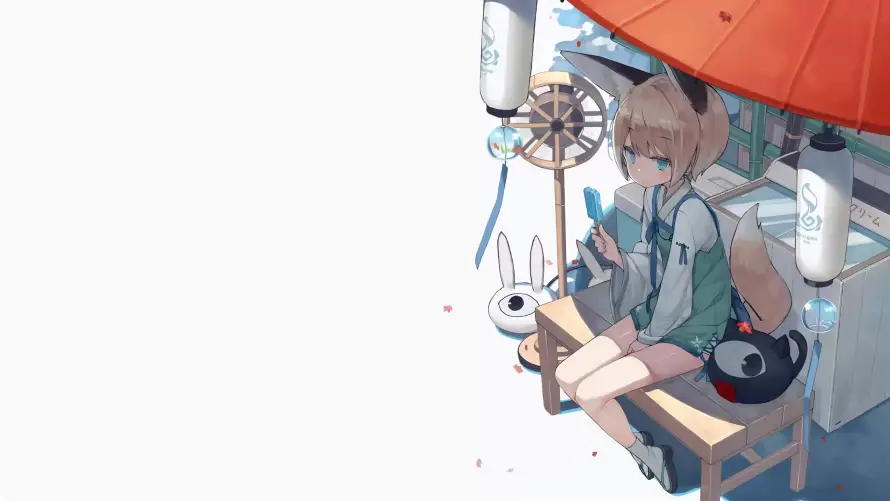 4k夏日壁纸-浅发 - 红伞-绿衣「哲风壁纸」