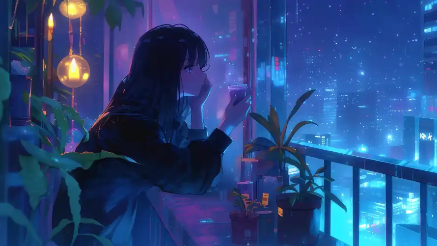 4k夜晚壁纸-盆栽 - 绿植-蓝调「哲风壁纸」