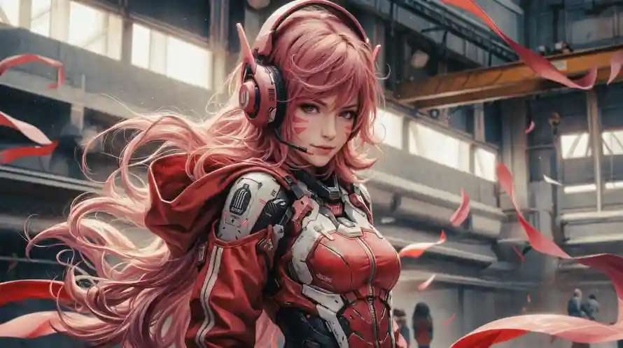 6k少女壁纸-机娘 - 粉发-红衣「哲风壁纸」