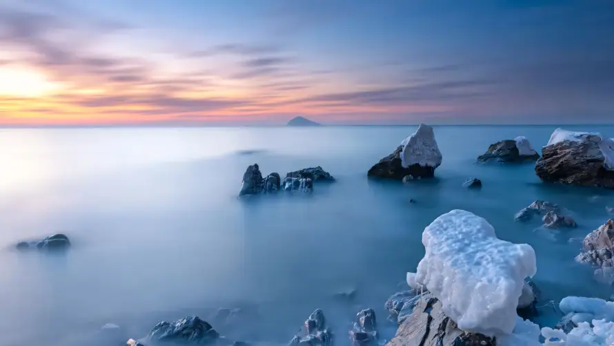 2k冬季壁纸-冰雪 - 大海-日落「哲风壁纸」