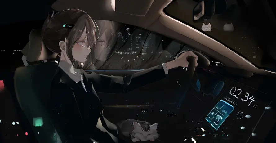 3k夜景壁纸-夜间 - 少女-开车「哲风壁纸」