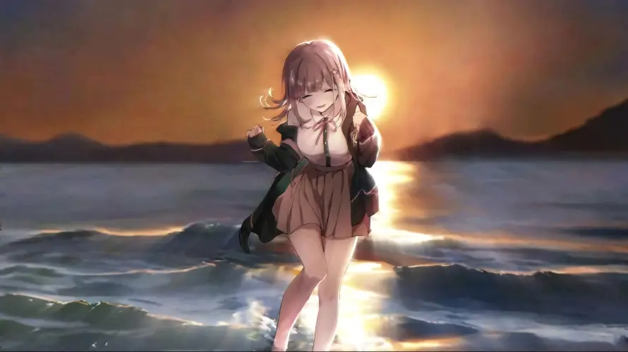 3k少女壁纸-海浪 - 海边-粉发「哲风壁纸」