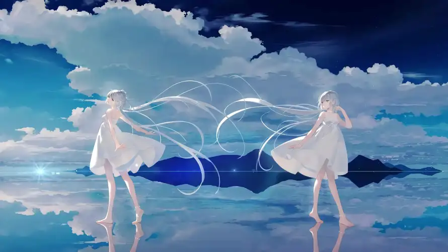 3k云朵壁纸-倒影 - 少女-湖水「哲风壁纸」