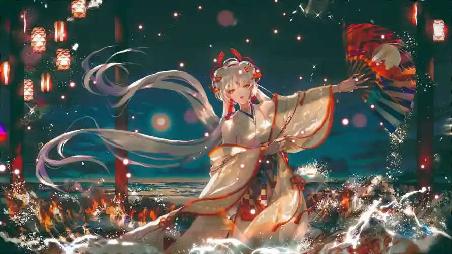 4k古风壁纸-和服 - 夜灯-折扇「哲风壁纸」