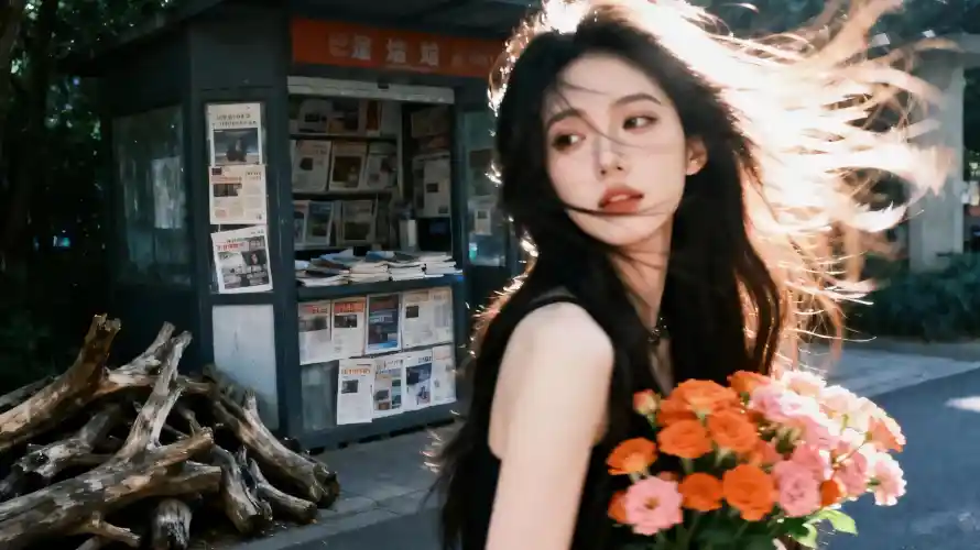 2k原木壁纸-美女 - 花束-街头「哲风壁纸」