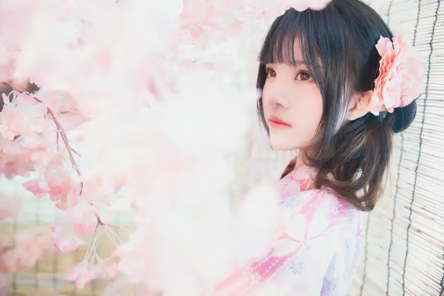 8k发饰壁纸-和服 - 少女-桃花「哲风壁纸」