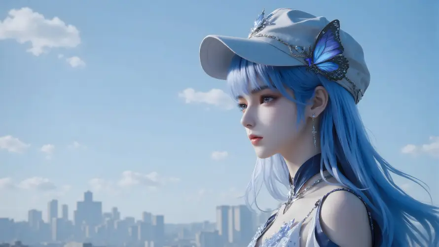 6k城市壁纸-少女 - 晴空-蓝发「哲风壁纸」