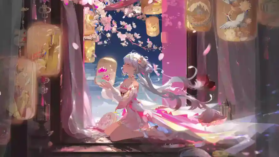 4k今汐壁纸-夜景 - 樱花-灯笼「哲风壁纸」
