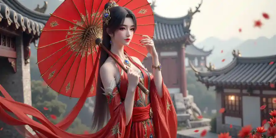 4k古风壁纸-曹颖 - 红伞-红衣「哲风壁纸」