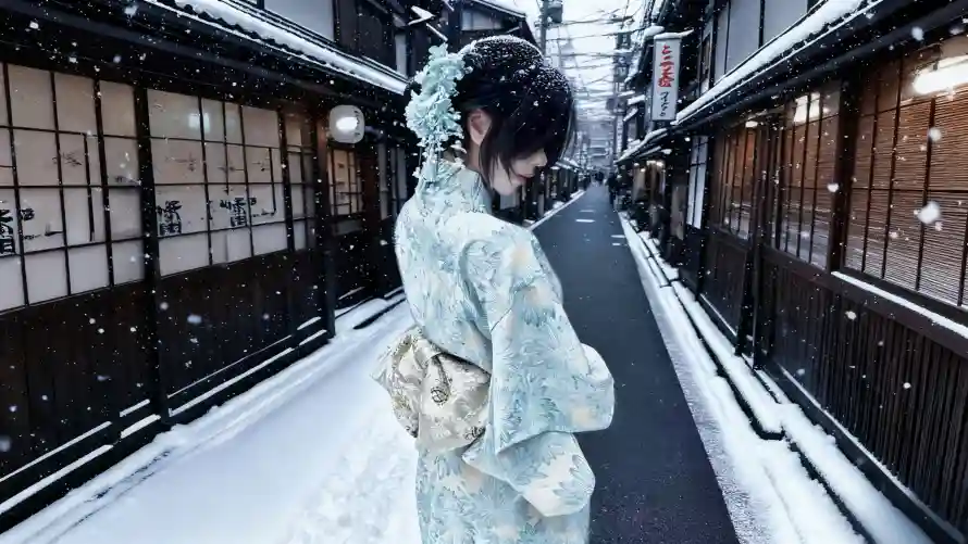 3k冬日壁纸-发饰 - 和服-落雪「哲风壁纸」