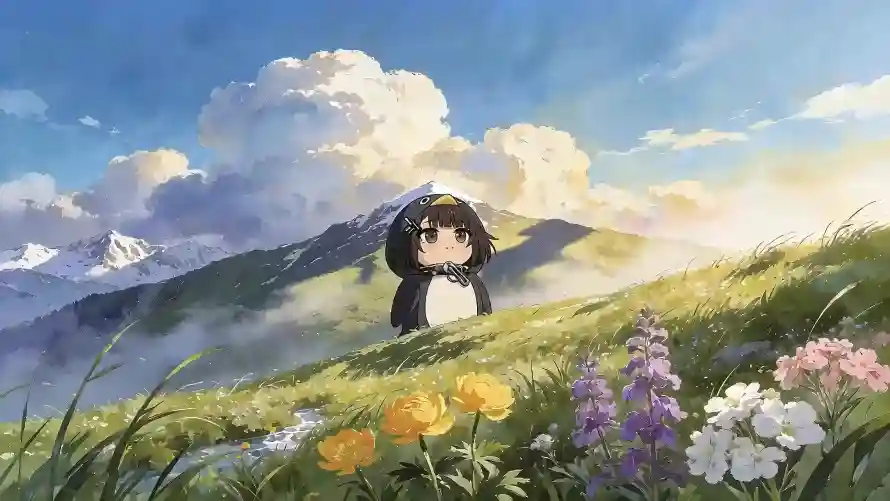 3k企鹅壁纸-少女 - 白云-草甸「哲风壁纸」