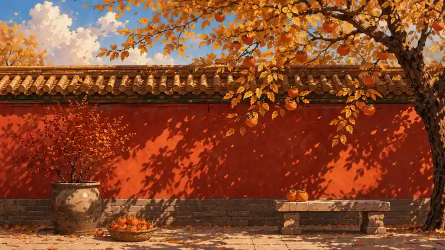 2k宫墙壁纸-庭院 - 柿子-白云「哲风壁纸」