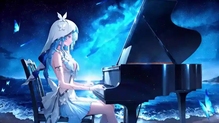 4k夜景壁纸-海边 - 蓝发-蝴蝶「哲风壁纸」