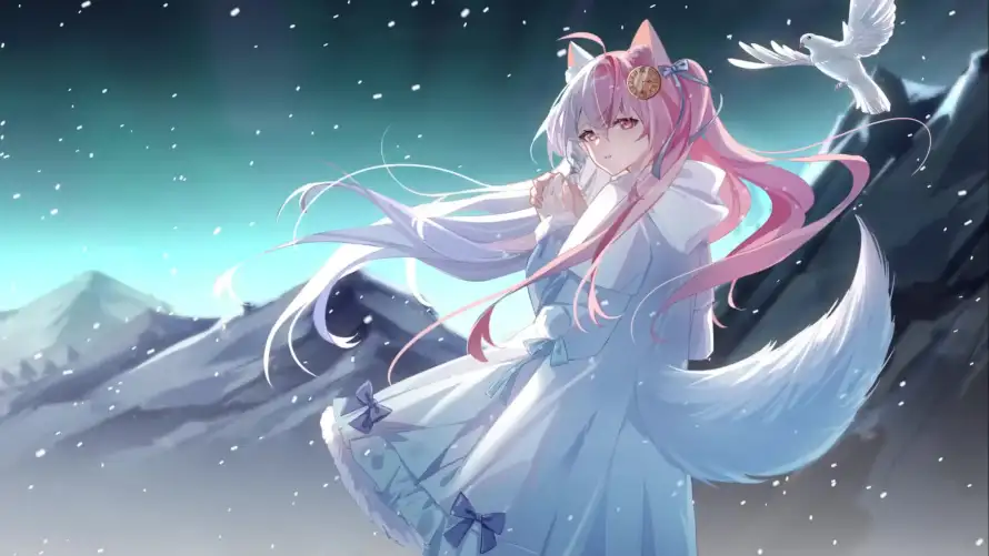 3k少女壁纸-猫耳 - 粉发-雪山「哲风壁纸」