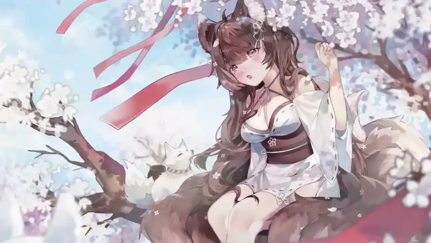 2k古风壁纸-和服 - 树梢-狐耳「哲风壁纸」