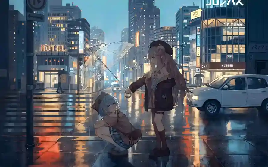 5k少女壁纸-汽车 - 灯光-街道「哲风壁纸」